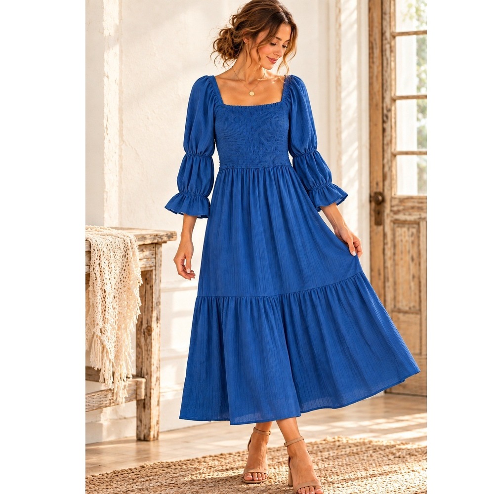 Betsey Johnson Blue Smocked Midi Dress Puff Sleeve Square Neck Tiered Dress